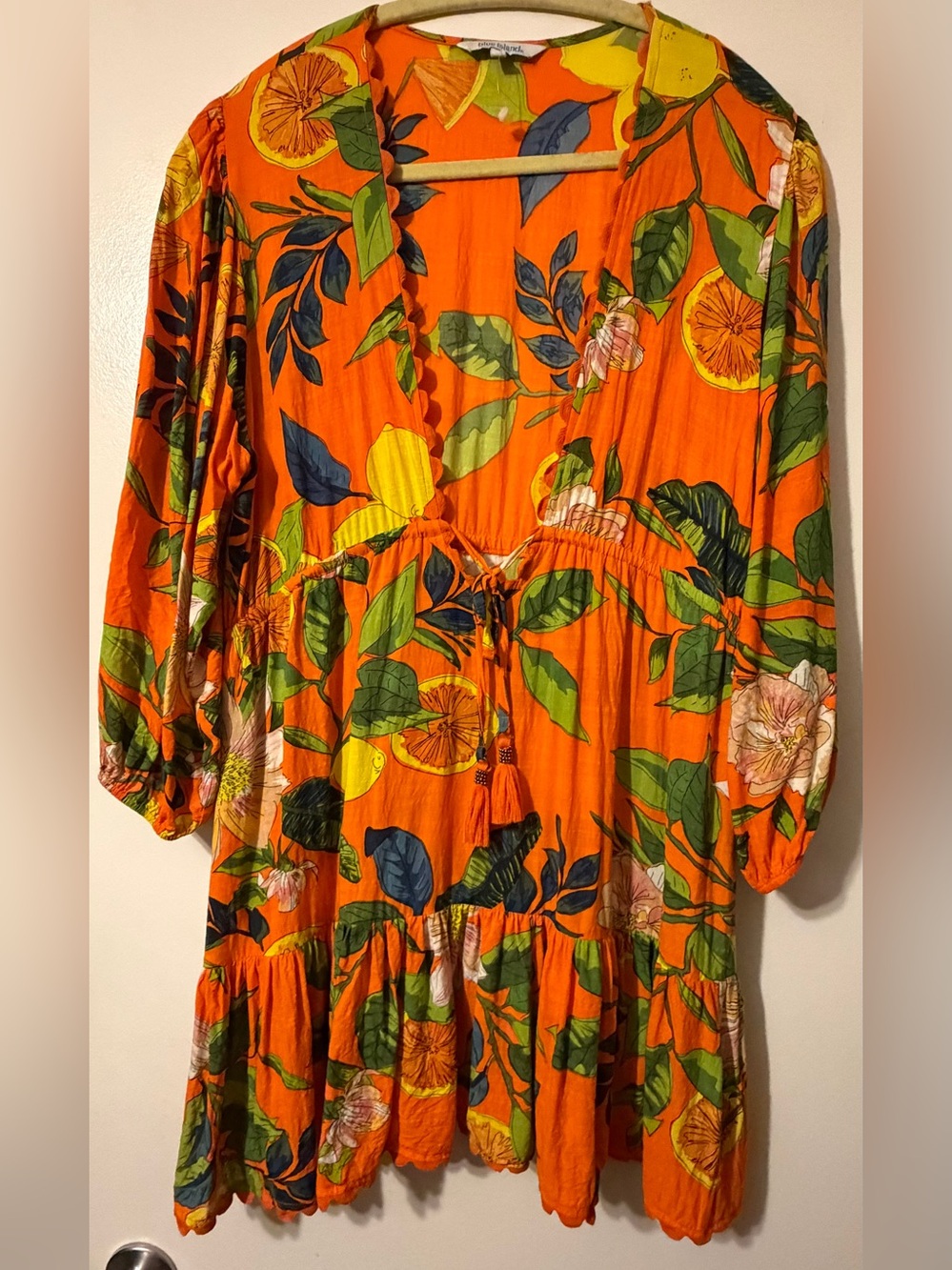 blue island Orange Citrus Floral Long Sleeve Tiered Cover up